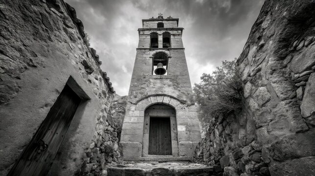 Old stone church bell tower framed by narrow village walls under a dramatic sky. Historic architecture and heritage concept in black and white. - Powered by Adobe