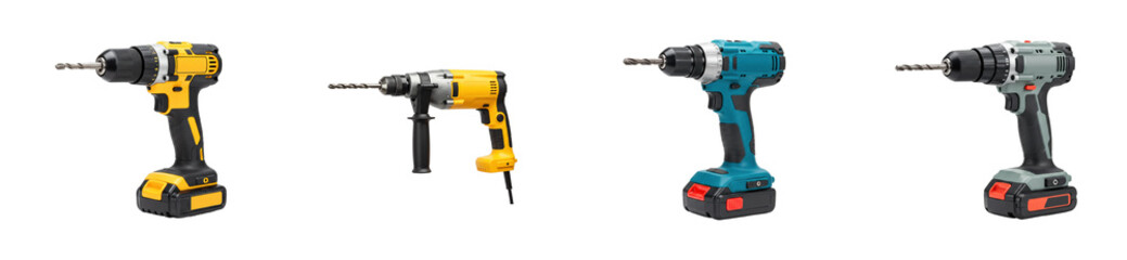 Power drill comparison workshop equipment showcase indoor tool efficiency. Set cut out PNG