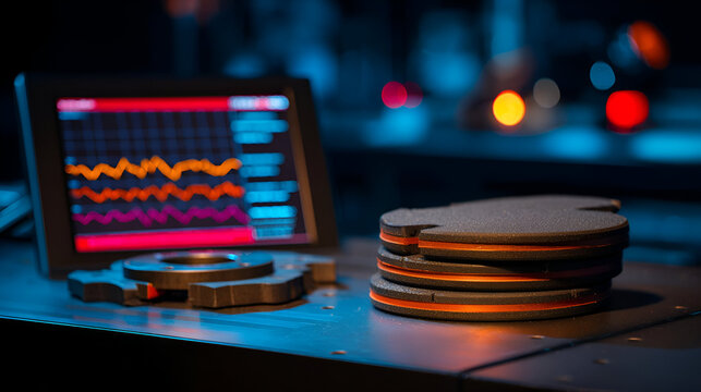 Industrial Components Testing: Closeup of Stacked Circular Parts and Data Analysis Screen