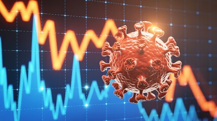 Red virus particle against fluctuating blue and orange graphs