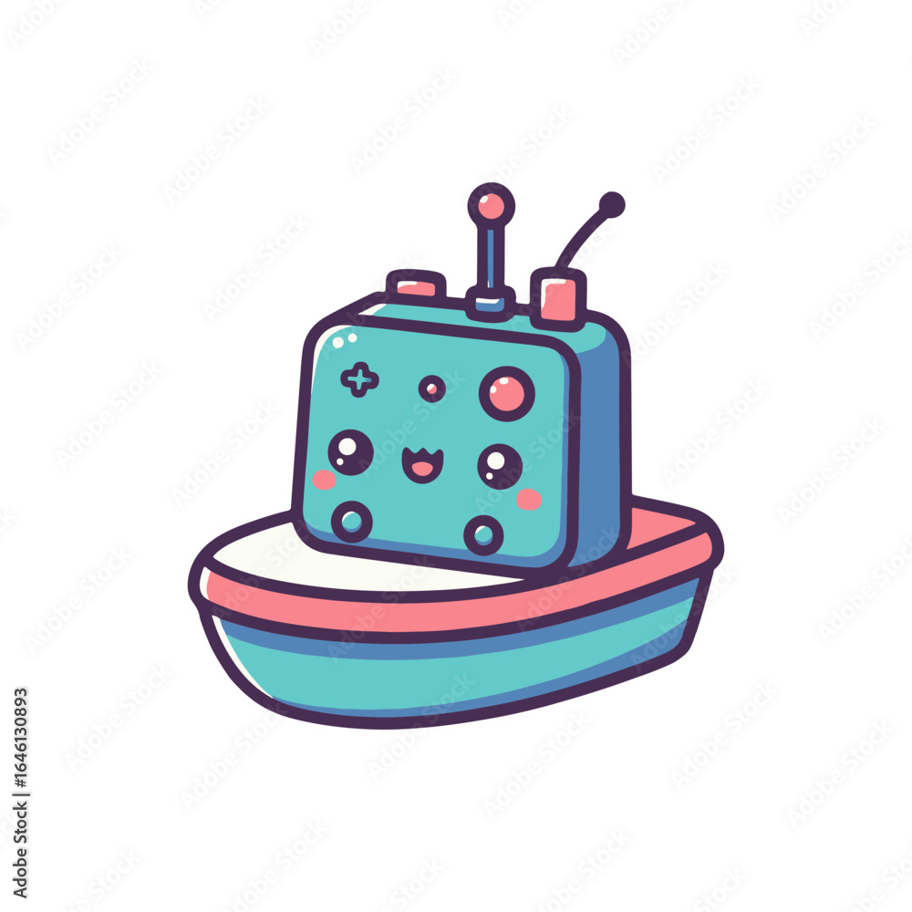 Poster colorful retro toy boat with a smiling remote control on top, set against a simple background