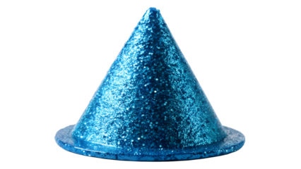 A blue glitter party hat for festive celebrations, isolated on transparent background