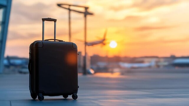 Suitcase on airport runway at sunrise or sunset with airplane taking off travel and adventure