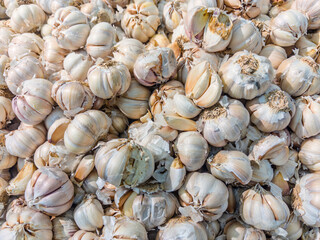pile of garlic bulbs and cloves. The white and purple-tinged skin and a few exposed cloves showcase the rustic and natural texture of the spice.