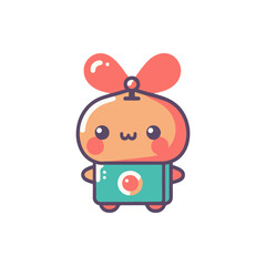 Cute animated character with a propeller hat holding a camera, smiling against a simple background