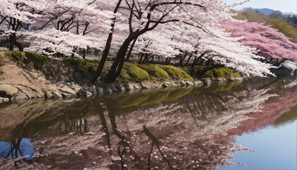 Serene Cherry Blossom Reflection in Tranquil Water
