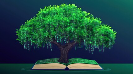A digital tree growing from a book illustrating the growth of knowledge and data