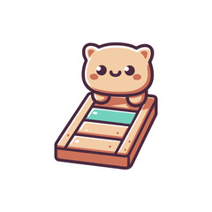 Cute cartoon bear character sitting on a wooden platform with colorful stripes, cheerful background