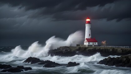 Obraz premium The lighthouse stands strong against the powerful storm with massive waves crashing.