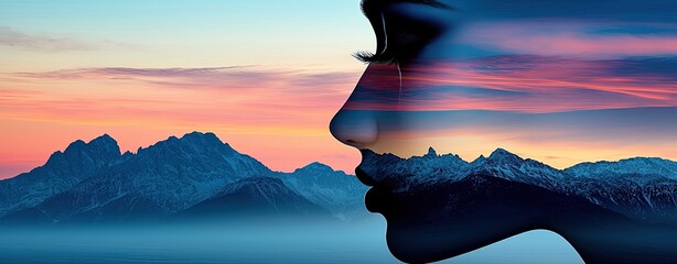 Outline inspiring twilight Dreamy Silhouette with Mountain Landscape and Colorful Sunset Background