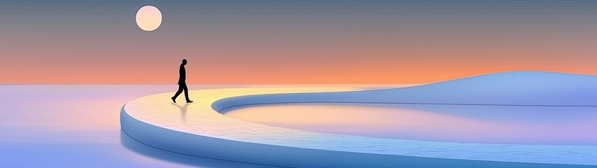 Outline inspiring twilight Solitary figure walking along a tranquil curved path at sunset