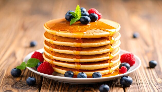 Stack of pancakes with berries and syrup - Powered by Adobe