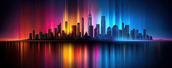 Outline inspiring twilight Colorful City Skyline with Neon Lights and Reflections at Night