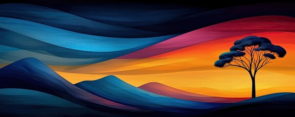Outline inspiring twilight Serene Landscape with Waves of Color and Isolated Tree Silhouette