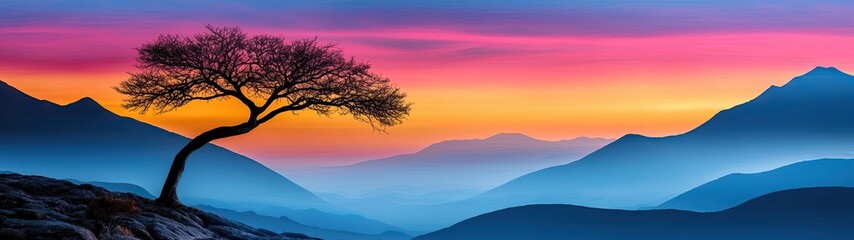 Outline inspiring twilight Serene Sunset Over Mountains with a Lonely Tree in Silhouette