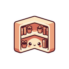 Cute cartoon bookshelf with smiling face, featuring plants and books in a whimsical design