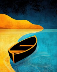 Outline inspiring twilight Serene Landscape with Boat and Stylized Waves at Golden Shoreline