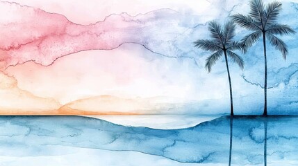 Outline inspiring twilight Serene Tropical Sunset with Palms and Soft Watercolor Sky