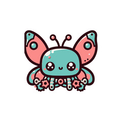 Cute cartoon butterfly character with vibrant colors, smiling face, and mechanical details