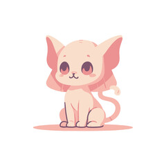 Cute cartoon cat character with oversized ears sitting on a soft surface, playful background