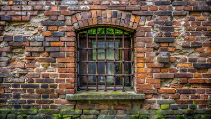 Old Window with Iron Bars in a Weathered Brick Wall Background