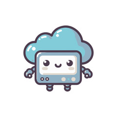 Cute cartoon character combining a smiling cloud and a vintage television, promoting creativity