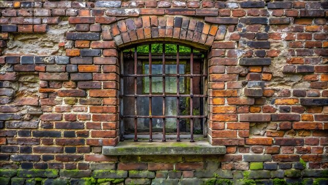 Old Window with Iron Bars in a Weathered Brick Wall Background