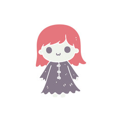 Cute cartoon character of a girl with pink hair wearing a long dress, standing alone