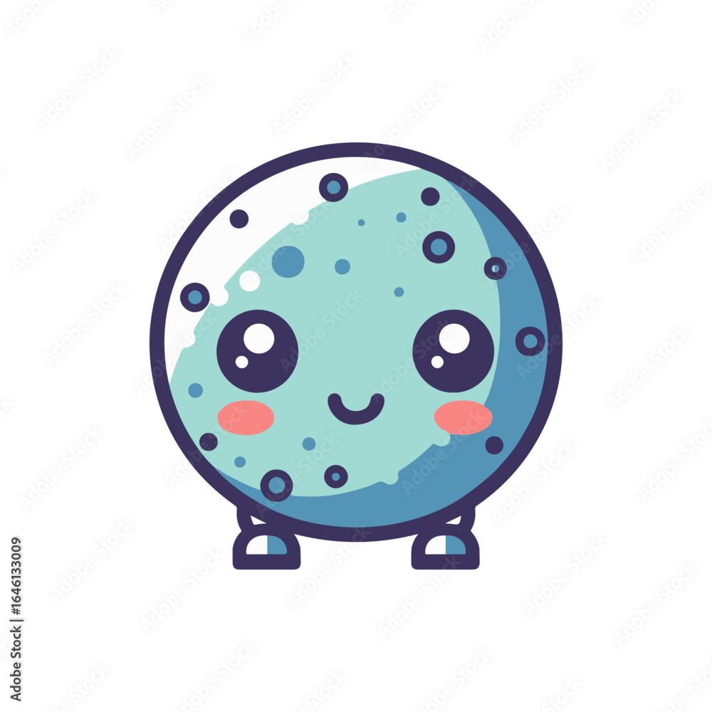 Poster cute cartoon character of a smiling blue planet with cheerful features and simple design