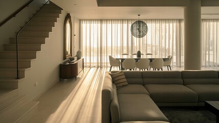 Sunlit modern living and dining room with sectional sofa