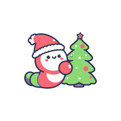 Cute cartoon character resembling a worm in a Santa hat next to a decorated Christmas tree
