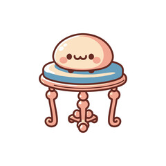 Cute cartoon character resting on a small decorative table in a minimalist setting
