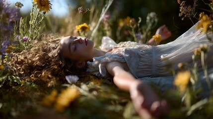 A young woman with curly hair peacefully lies in a sunlit field, surrounded by colorful wildflowers under a clear sky.