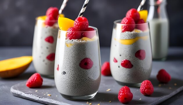 Delicious chia seed pudding with fresh raspberries and mango, a healthy snack