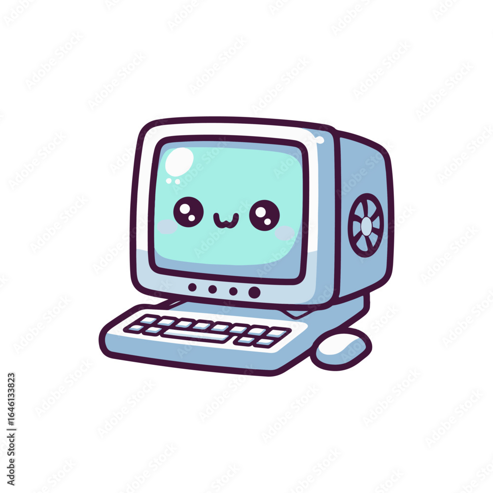 Poster cute cartoon computer with a smiling face and keyboard, set against a simple white background