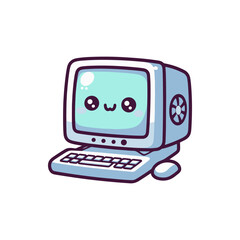 Cute cartoon computer with a smiling face and keyboard, set against a simple white background
