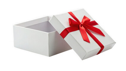 Open white gift box with red ribbon isolated on transparent background