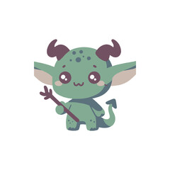 Cute cartoon creature with horns holding a stick, set against a simple white background