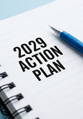 Fototapeta premium Photo of a 2029 action plan is written on a notepad to represent future goals and strategic planning for the upcoming year