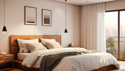 Modern and cozy bedroom interior with wooden bed, neutral tones, and large window.