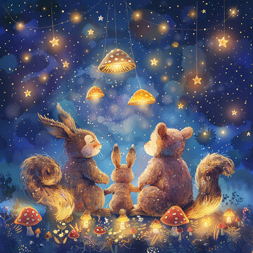 森の中で星空を見上げる動物たちの幻想イラスト