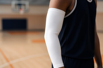 Side view of basketball player wearing white compression arm sleeve on indoor court, realistic sportswear accessory setting for arm sleeve mockup and performance gear showcase