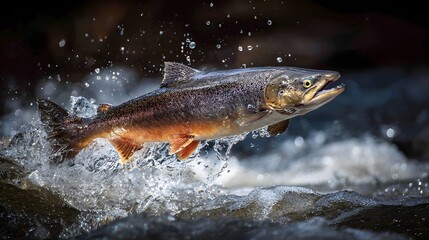 Obraz premium Salmon Leaping Upstream: A Majestic Display of Nature’s Determination