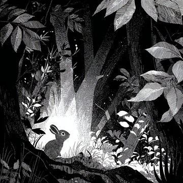 月明かりの森の白うさぎ　絵本風イラスト