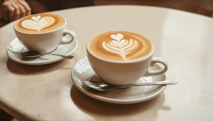 Two Cups of Latte Art Coffee on a Table