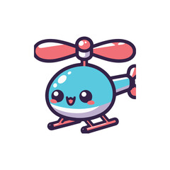 Cute cartoon helicopter with a smiling face flying in a bright blue sky with fluffy clouds
