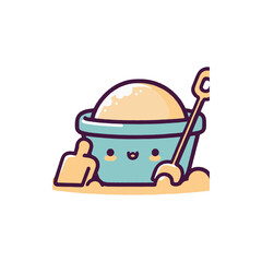 Cute cartoon illustration of a smiling sandcastle bucket with a shovel, set on a sandy beach