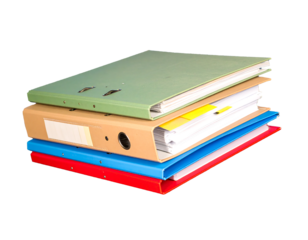 Stacked File Folders with Papers and Sticky Notes, Pile of paperwork and files, Transparent background, PNG, Clipping path, graphic resources, Business concept.