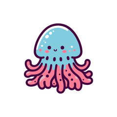 Cute cartoon jellyfish with a smiling face, floating in a vibrant underwater scene