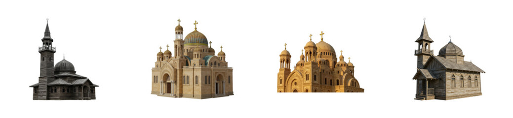 Obraz premium Exploring architectural diversity heritage structures various locations 3d models digital environment detailed viewpoint. Set cut out PNG